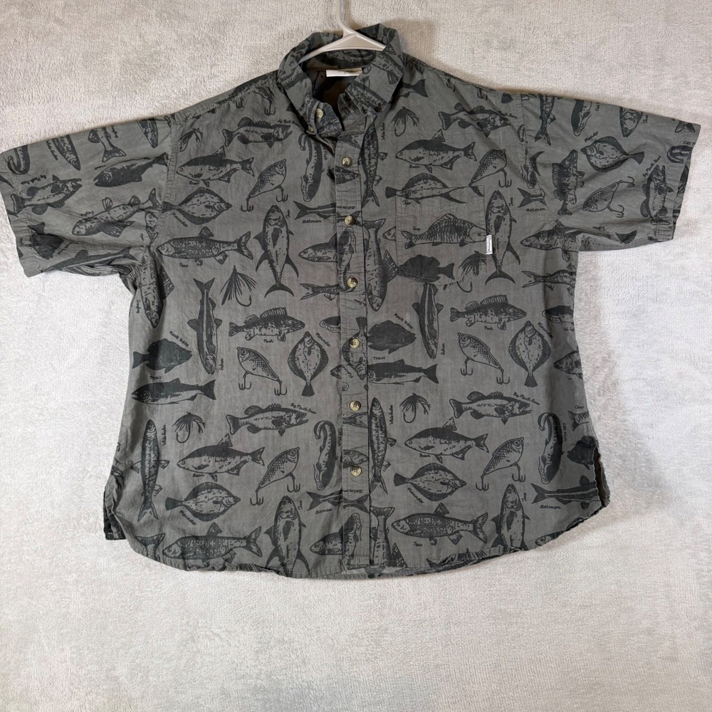 Woodland Creek Mens Large‎ Grey Fish Print Short Sleeve Button Down Cotton Shirt